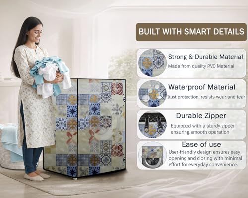 Image of Stylista Waterproof Front Load Washing Machine Cover Compatible for Haier 8 kg, Mosaic Pattern Yellow