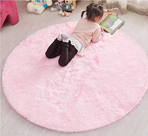 PAGISOFE 5x5 Area Rug Light Pink Round Rug Circle Rugs for Girls Bedroom Fluffy Carpets and Shaggy Rugs Small Teepee Furry Mat Comfy Reading Rug Circular Rug 5x5 Rugs for Kids Baby Nursery Room
