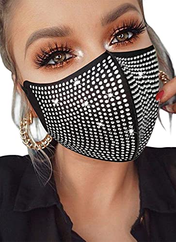 Rhinestone Sparkly Face Mask Bling Glitter Silk Crystal Sparkle Diamond Reusable Decorative Masquerade Mask for Women (Black)