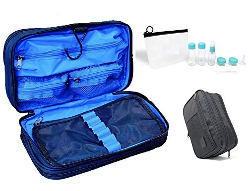 K-25 Electronics Organizer case, Dopp kit, Travel Toiletry Bag, Hanging Cosmetic Makeup Organizer, Waterproof, empty travel bottles set, 2-in-1 sizes compression bag expendable bag (Black/Blue