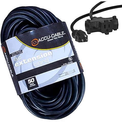 Accu Cable EC123-3FER50 Black 12 Gauge 3 Plug 50 Ft Extension Cable Cover