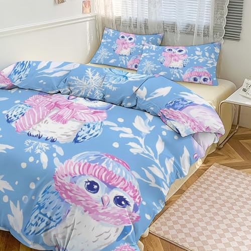 OBLUE Winter Owl Wears A Scarf Hat Bedding Set 3 Piece Room Decor Comforter 1 Duvet Cover + 2 Pillow Shams for All Season 86"x70"