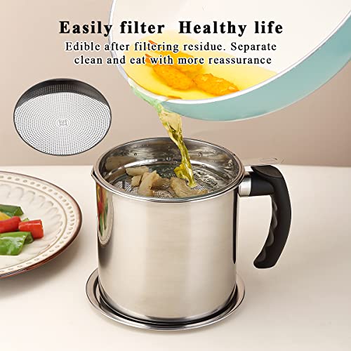 Image of Kyraton Bacon Grease Container With Strainer,48 Oz Stainless Steel Oil Container,Pot Fat Storage With Lid,Easy Grip Handle Suitable For Storing Frying Oil (14.5 X 13.6 X 14 Centimeters,Silver)