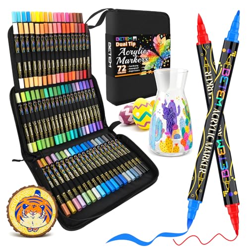 Betem Dual Tip Acrylic Paint Pens 72 Colors Paint Markers for Glass Window Fabric Wood Rock Canvas Acrylic Markers with Fine & Brush Tip Art & Craft Supplies Teacher Appreciation Gift