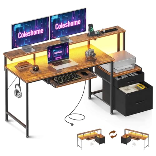 Coleshome Gaming Tisch mit LED, 140x48cm Schreibtisch mit Stoff Schubladen Computertisch mit 2 Steckdosen&2 USB Anschlüssen, Gaming Schreibtisch mit Monitorständer für Home Office, Braun