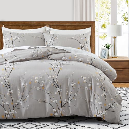 LYJKLST Bettwäsche 180x200 3teilig Bettbezug Birne weiß - Bettwäsche-Sets 180 x 200 cm mit 2 Kissenbezüge 80x80cm ÖKO-TEX Bettwäsche Bedding Birnenzweig mit Reißverschluss grau