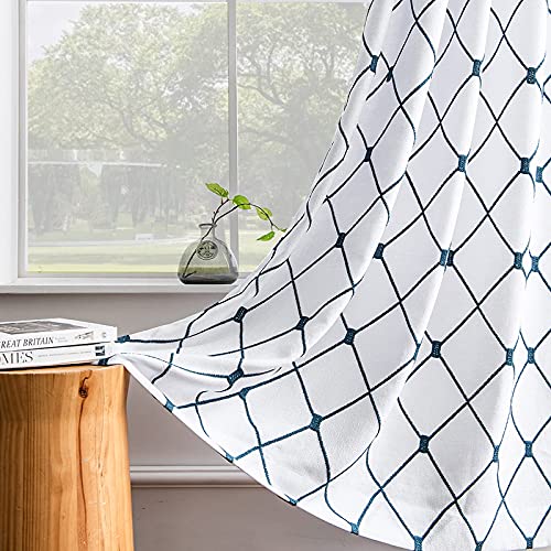 Melodieux Diamond Embroidery Semi Sheer Curtains For Living Room, Linen Look Geometric Lattice Rod Pocket Embroidered Drapes, White Teal, 52 By 63 Inch (2 Panels) #TOP1