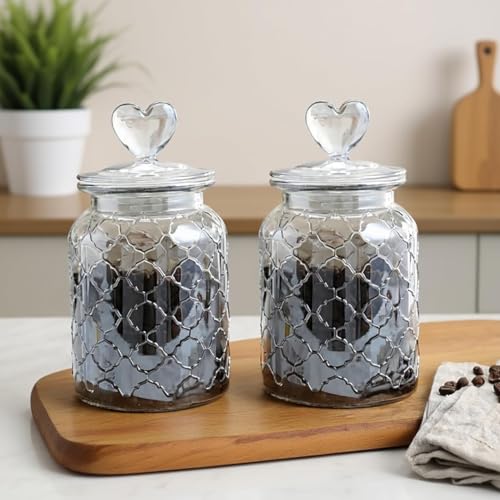 Image of MARTVIA Black Glass Food Storage Jars with Glass Lids 1000 ML Set of 2, Love Heart Handle Lid Jar for Home Kitchen,Flour, Sugar, Coffee, Pasta, Oats, Cookies, Snacks (Love 1000ML Jar, SET OF 2)