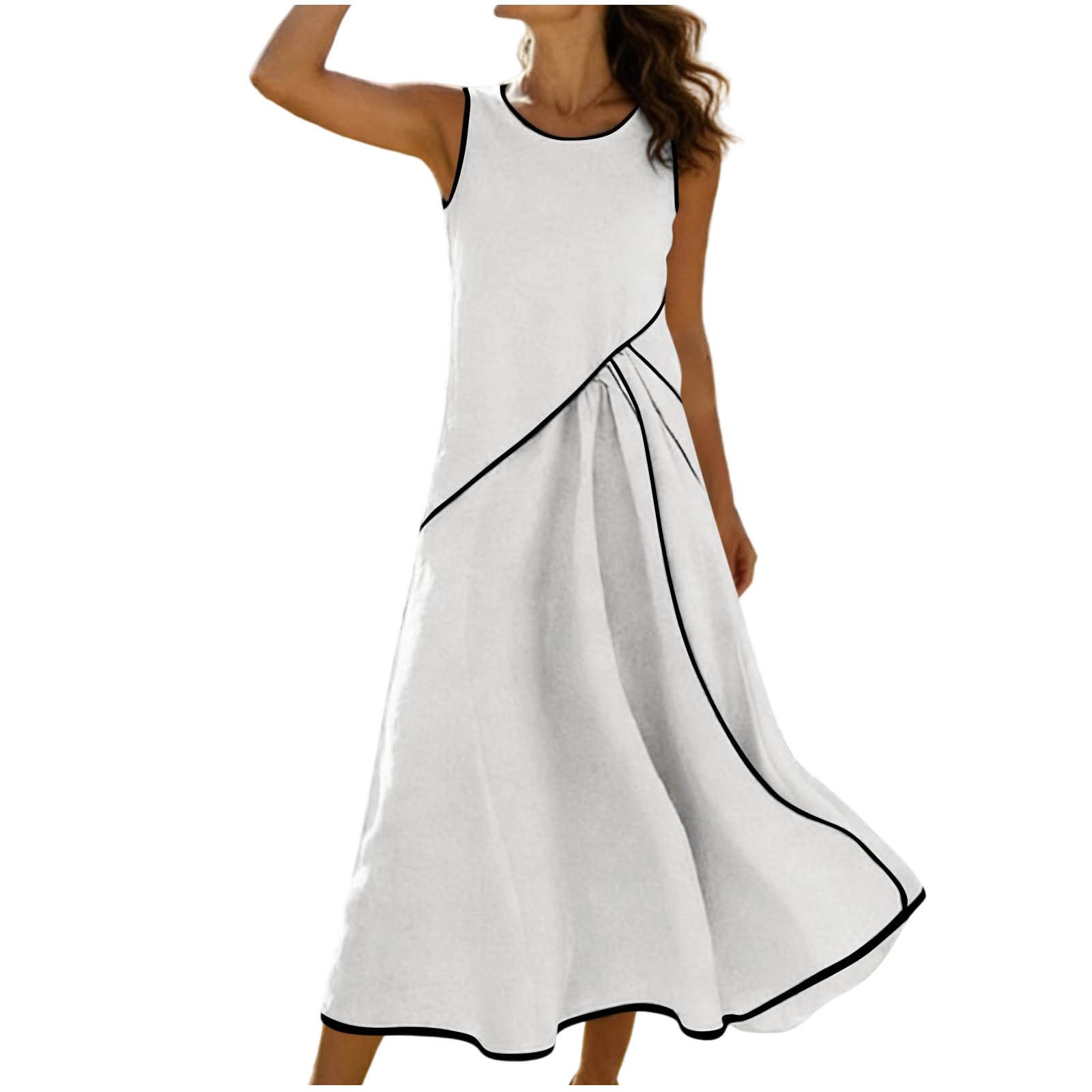 AEGJEGVD Strandkleid Damen Sommer, Leinenkleider Ärmellos Sommerkleid Leicht Und Luftig Elegant Rundhals Leinenkleid Maxi Blusenkleid Locker Einfarbig Shirtkleid Spitze Musselin Kleid Mit Taschen