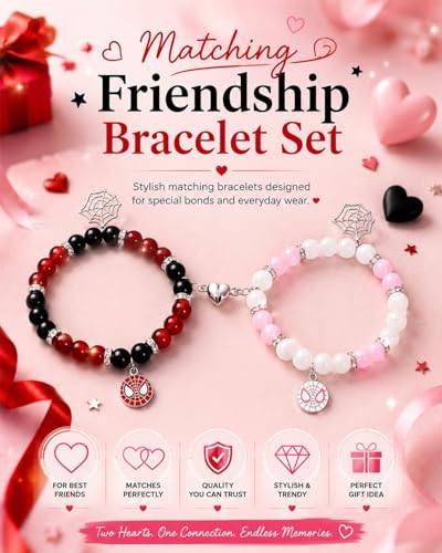 Image of Spider-Man Inspired Couple Bracelets 2pcs - Magnetic Attraction Heart Charm, Glass Beads, Spider Pendant, Marvel Theme Party Accessory, Valentine's Day Gift, Suitable for All Seasons