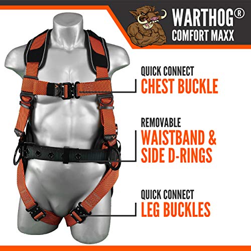 Malta Dynamics Warthog Comfort MAXX Construction Harness with Removable Belt, Side D-Rings and Additional Thick Padding (Small-Large), OSHA/ANSI/CSA Compliant