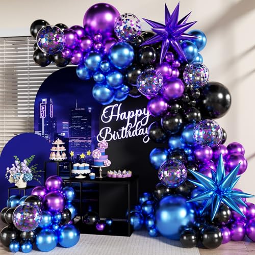 Black Purple Blue Balloon Garland Arch Kit 140Pcs Metallic Blue Purple Teal Balloons Confetti Balloons with Stars for Fun Play Party Decorations Baby Shower Engagement Birthday Party Decorations