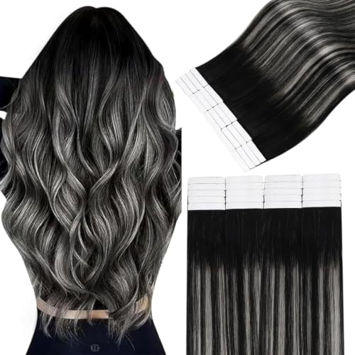 Image of Easyouth 24 Inch Tape in Hair Extensions Human Hair Ombre Tape Hair Extension Off Black Ombre Silver with Black Balayage Lightweight Hair Extension Real Human Hair Tape in for Everyday Use 50g 20pcs