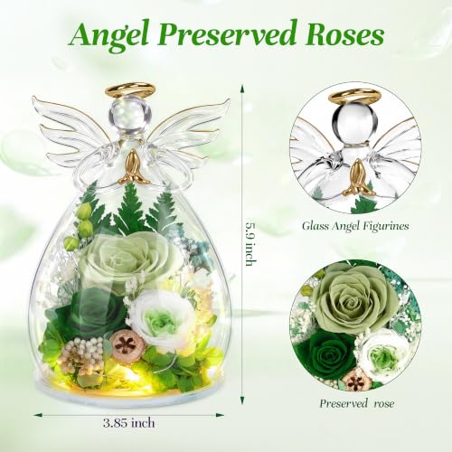 Image of encavy Birthday Gifts for Women,Fresh Flowers for Delivery,Preserved Rose Flowers in Angel Figurines,Light Up Green Angel Real Rainbow Roses for Mom Grandma Wife Her Girlfriend Anniversary
