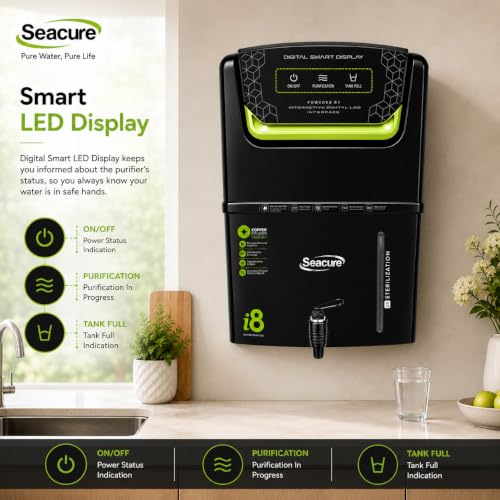 Image of Seacure Aqua i8 RO Water Purifier | RO + UV + UF + Copper Alkaline + TDS Adjuster | 10 Stage Purification | High TDS | Inbuilt TDS Adjuster | Fully Automatic Function | 12L Tank | 1 Year Warranty