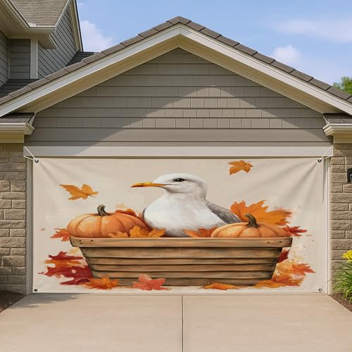 Cubierta de puerta de garaje con diseño de gaviota costera otoñal, calabaza rústica y hoja, decoraciones de otoño al aire libre para Acción de Gracias y Halloween, 157 x 71 pulgadas