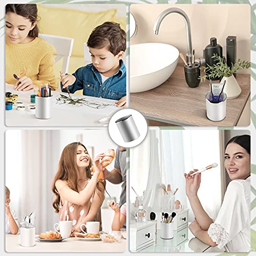 Dofuhem Pen Holder, Metal Pencil Cup, Round Aluminum Desktop Organizer And Storage Box For Office,School,Home And Kids, Non-Slip Silicone Bottom, 3.9×3.1×3.1Inch, Silver #TOP6