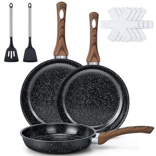 Colourcoco Frying Pans Skillet - 9 Pieces Nonstick Frying Pan Set Includes 3 Sizes (8'/ 10'/ 12'), PFOA Free, Induction & Oven Safe, Easy to Clean for Home Daily Cooking