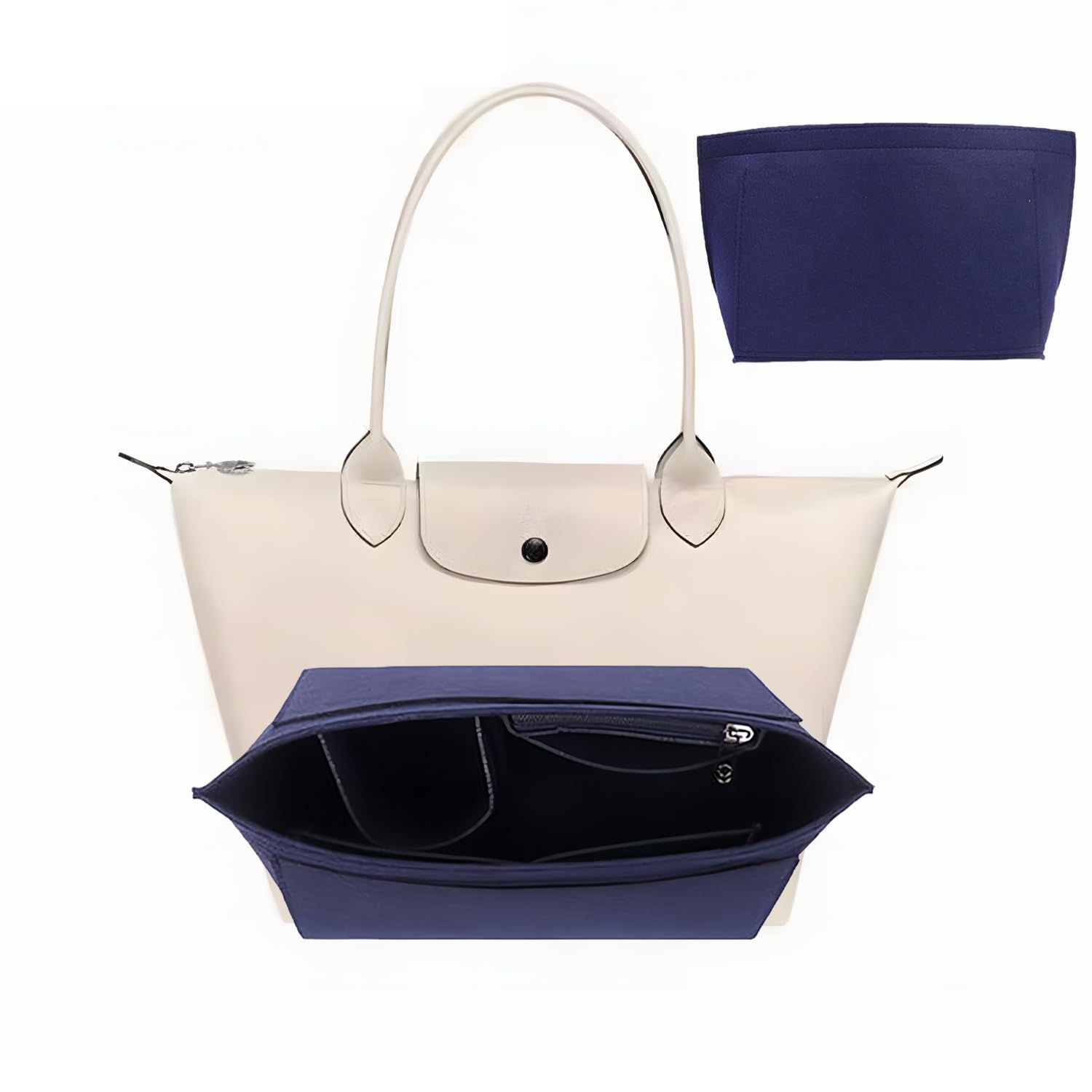 Longchamp filcowy organizer na torebki z wieloma kieszeniami z zamkiem błyskawicznym, składana torba na ramię Longchamp (niebieski, L)