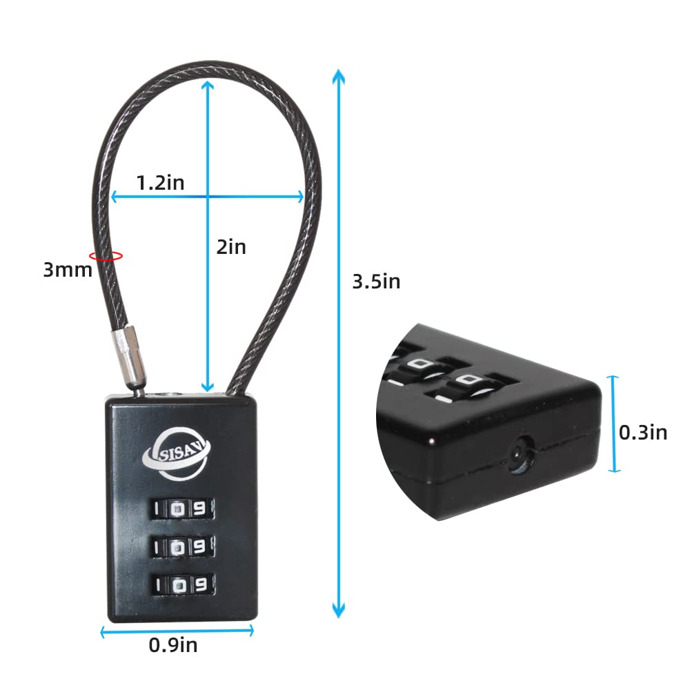 SISAV 3 Digit Cable Combination Lock 5 inches Cable for School Gym Locker,Filing Cabinets,Helmet,Toolbox,Luggage Suitcase,knapsack,Black 2Pack - Image 2