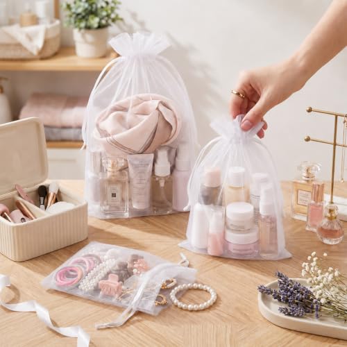 Image of FUNFERY 100PCS White Organza Gift Bags 5x7in,Drawstring Pouch for Jewelry