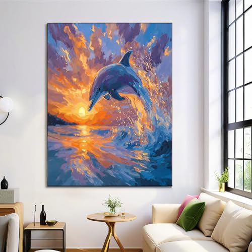 Art mural poster coucher soleil dauphins grand format 80x120