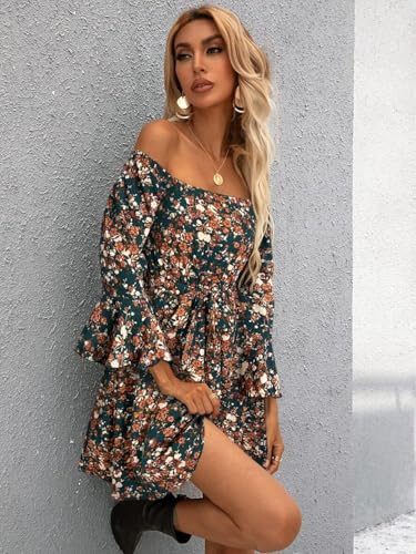 Image of Off Shoulder Ruffle Dress for Women, A-Line Mini Dress with Belt, Fitted Bust Summer Wedding Guest Dress