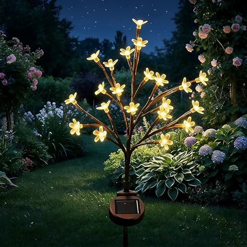 CECOMBINE Solar Lights Outdoor Garden Waterproof Upgraded 20 LED Outdoor Cherry Blossom Lamp IP65 Waterproof Outdoor Solar Swaying Flowers Lights for Lawn Yard Terrace Illumination Garden Ornaments