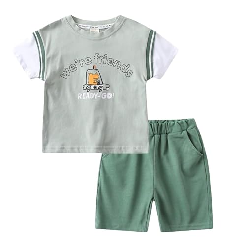 Image of Baby Boys Summer Outfits Color Block Cartoon Print Short Sleeve T-Shirt and Elastic Shorts Cute Clothes Set 2Pcs (Green,4 Years)