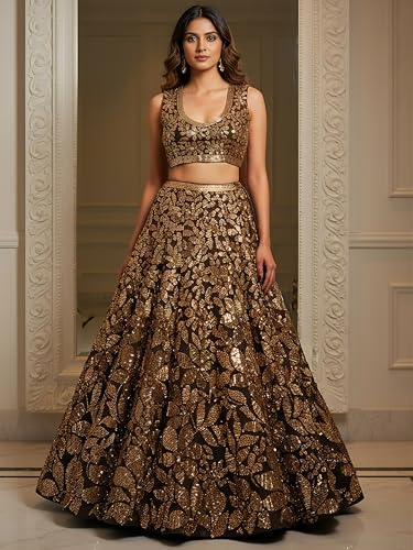 Image of Zeel Clothing Women's Sequins Embroidered Soft Net Lehenga Choli With Dupatta (5106-Brown-Womens-Lehenga-Choli-Latest; Free size) (Brown)