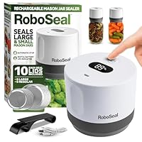 RoboSeal Rechargeable Mason Jar Vacuum Sealer for Mason Jars Wide and Regular, One Touch Vacuum Sealer for Jars, 10 Lids Included, Digital Battery Indicator, As Seen on TV