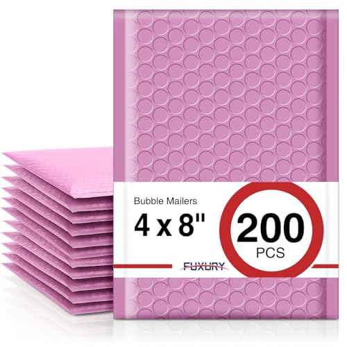 Image of Fuxury Bubble Mailers 4x8 inch Padded Envelopes 200 Pack Pinkish Purple Usable Size 4x7 inch Padded Mailers Small Bubble Envelopes Self Seal Shipping Bags for Mailing Jewelry Makeup Small Business #000