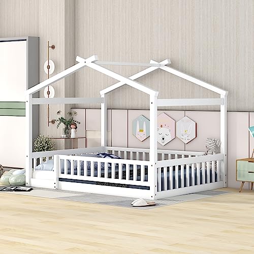 MERITLINE Full House Bed for Kids Full Montessori Floor Bed Frame with Rails and Roof, No Box Spring Needed, for Kids Teens Girls Boys (Full Size, White)