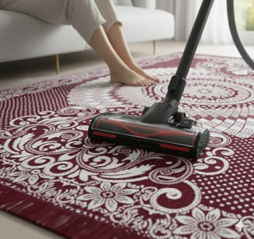 Image of Chenille /Cotton Carpet 5x7 Feet | Soft Velvet Rug for Living Room, Hall & Bedroom | Floor Carpet for Home | Designer Dari for Floor 150x210 cm | Non-Slip & Durable Kalin (Maroon)