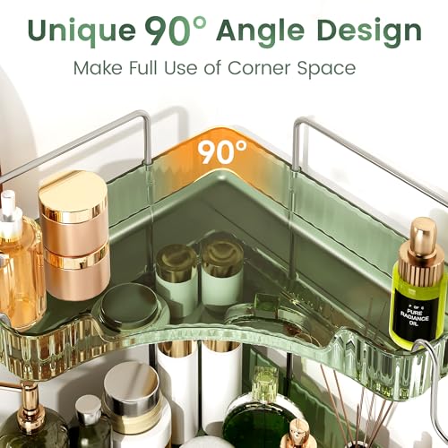 Image of Corner Counter Organizer, 2-Tier Bathroom & Kitchen Storage Tray with Hooks | PET Green Vanity Organizer for Skincare, Makeup & Jewelry