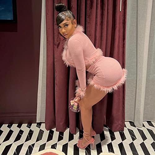 Image of Women Sexy 2 Piece Outfits Rave Tie-up Feather Trim Fur Long Sleeve Cardigan Deep V Blouse