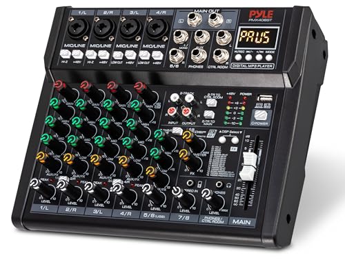 Pyle 8 Channel Studio Mixer - Small Footprint, USB - PC Recording, Bluetooth In, MP3 Player, DSP Effects, +48V Phantom Power, XLR Combo Inputs, Control Room Out, Smooth Dials and Faders - PMX408ST