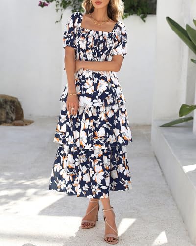 Image of BTFBM Womens Floral Smocked Summer Maxi Dresses | Square Neck Puff Short Sleeve Ruffle Tiered, 2026 Trendy Casual Sundress, Cruise Holiday Beach Vacation Wedding Guest Dress