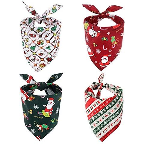 OTOTEC 4 Stück Haustier Hund Katze Kopftuch Weihnachten Halstuch Schals Dreiecktuch Set Baumwolle Santa Muster Atmungs Kostüm Party Geburtstag Geschenk Cover