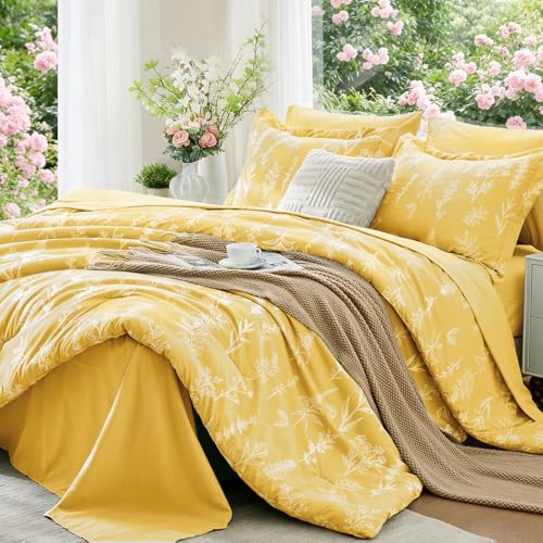 Image of MUXHOMO Bright Yellow Full Comforter Set, Elegant Floral Print Bed in a Bag 7 Pieces, Ultra Soft & Breathable Reversible Botanical Pattern Bedding Set with Comforter, Sheets, Pillowcases, and Shams
