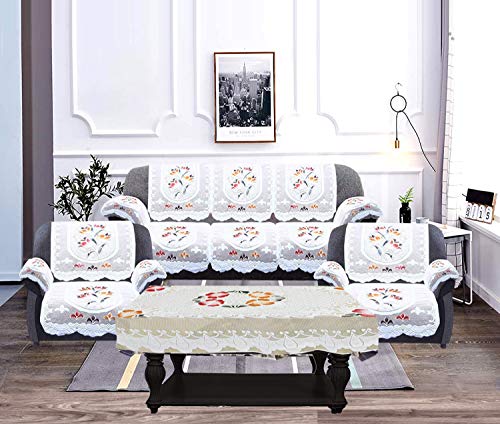 Image of Kuber Industries Flower Design Cotton 5 Seater Sofa Cover with 6 Pieces Arms Cover and 1 Center Table Cover Use Both Side, Living Room, Drawing Room, Bedroom, Guest Room (Set f 17, Cream)