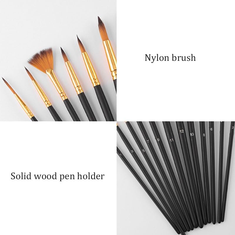 Ensemble De 12 Pinceaux en Nylon, Pinceaux en Bois Massif pour Peinture Acrylique, pour Artistes Et Étudiants.