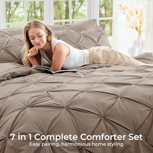 Image of Sasttie Queen Comforter Set, 7-Piece Bed in a Bag, Pintuck Bedding Sets for All Season, Includes Comforter, Flat Sheet, Fitted Sheet, Pillowcases and Pillowshams, Dark Linen