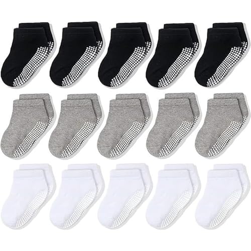 CozyWay Kids Low Cut Gripper Socks - 6-8 Years, 15 Pack, Black/White/Gray - Non-Slip Cotton Ankle Socks With Reinforced Toe