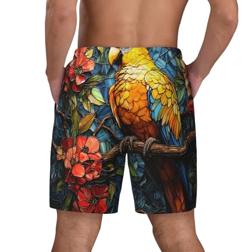 Mens Swim Trunks Bathing Suit Quick Dry Board Shorts Pockets, Parrot Stained Glass Art3