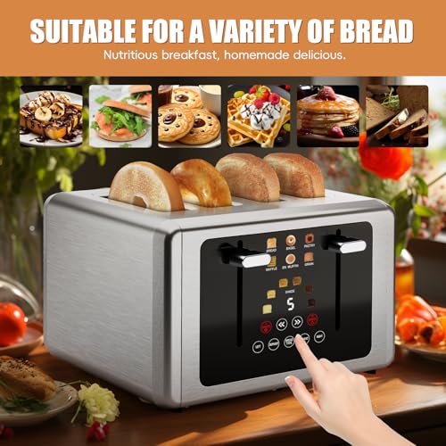 Image of Touch screen Toaster 4 slice,Smart Digital Timer Toasters with Sound&Screen-Off Function, 6 Bread Types & 6 Shade Settings, 1.5''Extra Wide Slots Toast with Bagel, Defrost,White