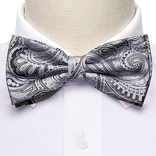 Image of Barry.Wang Paisley Striped Bow Tie for Men Silk Pre-Tied Bowtie Pocket Square Cufflinks Set Formal Wedding Party Prom