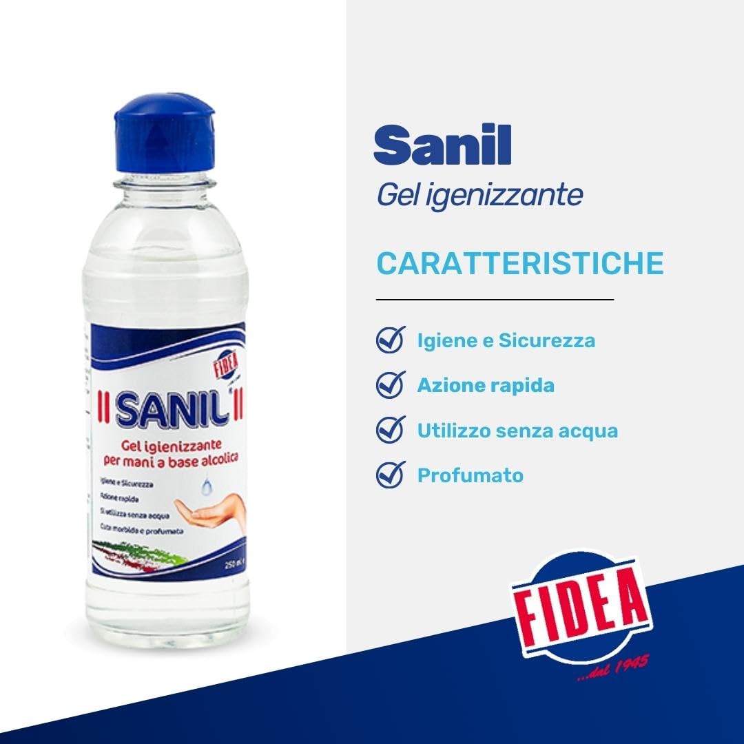 Fidea Sanil Gel Igienizzante Mani Professionale a Base Alcolica, Igiene Sicura e Profonda Senza Acqua, deterge a fondo la pelle - dermatologicamente testato (250 ml)