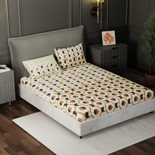 Image of BLISSHOME SoftTouch 150TC Cotton King Size Fitted Bedsheet with 2 Pillow Covers, Silky Smooth Bedding Set, Breathable, Easy Maintain, Geometric Pattern - Beige (183cm x 198cm + 25cm Drop)