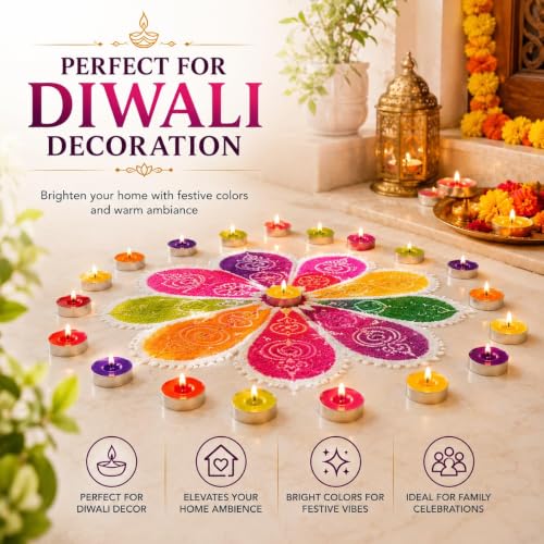 Image of Bindian Unscented Tea Light Candles, 100% Paraffin Wax, Smokeless Dripless Tealights for Home Decor, Diwali, Wedding, Spa, 1-1.5 Hour Burn Time (Pack of 200 Multicolor)